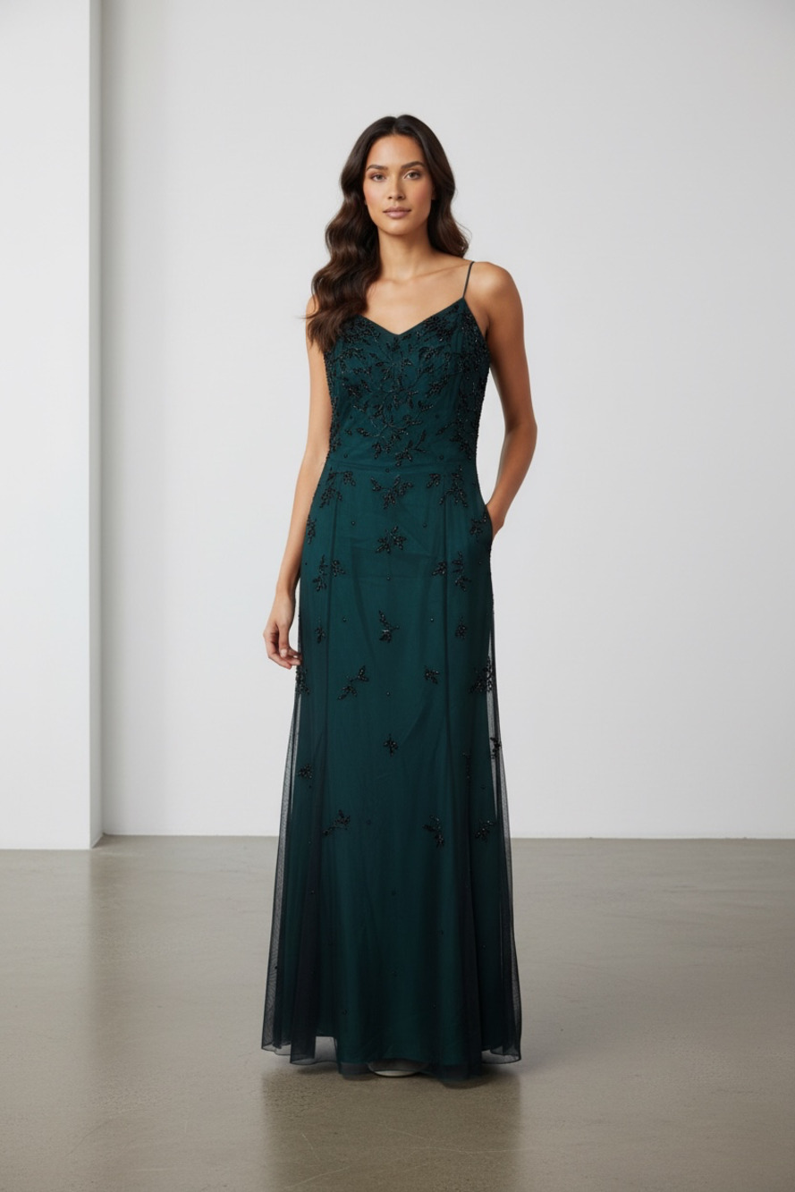Cache Women's Green Beaded Silk Floral Evening Gown Size 10 - Picture 2 of 9